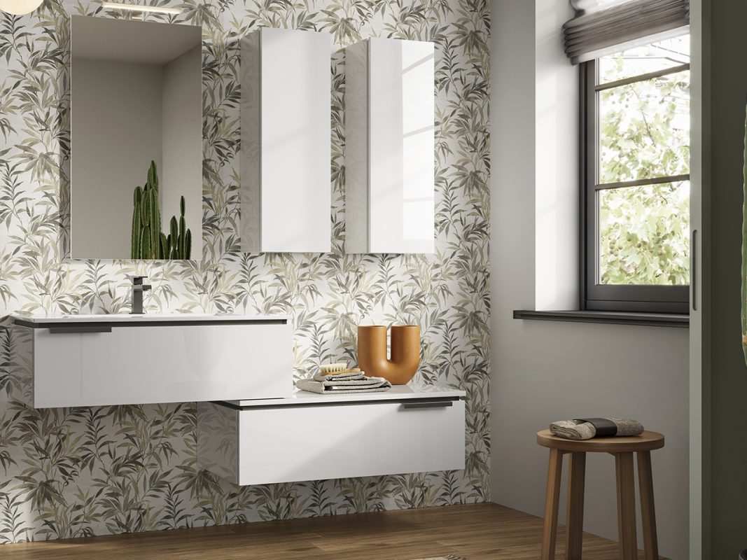 mobile bagno touch 90 cm 1 cassetto bianco lucido e lavabo unitop trendy in marmoresina bianco lucido zoom